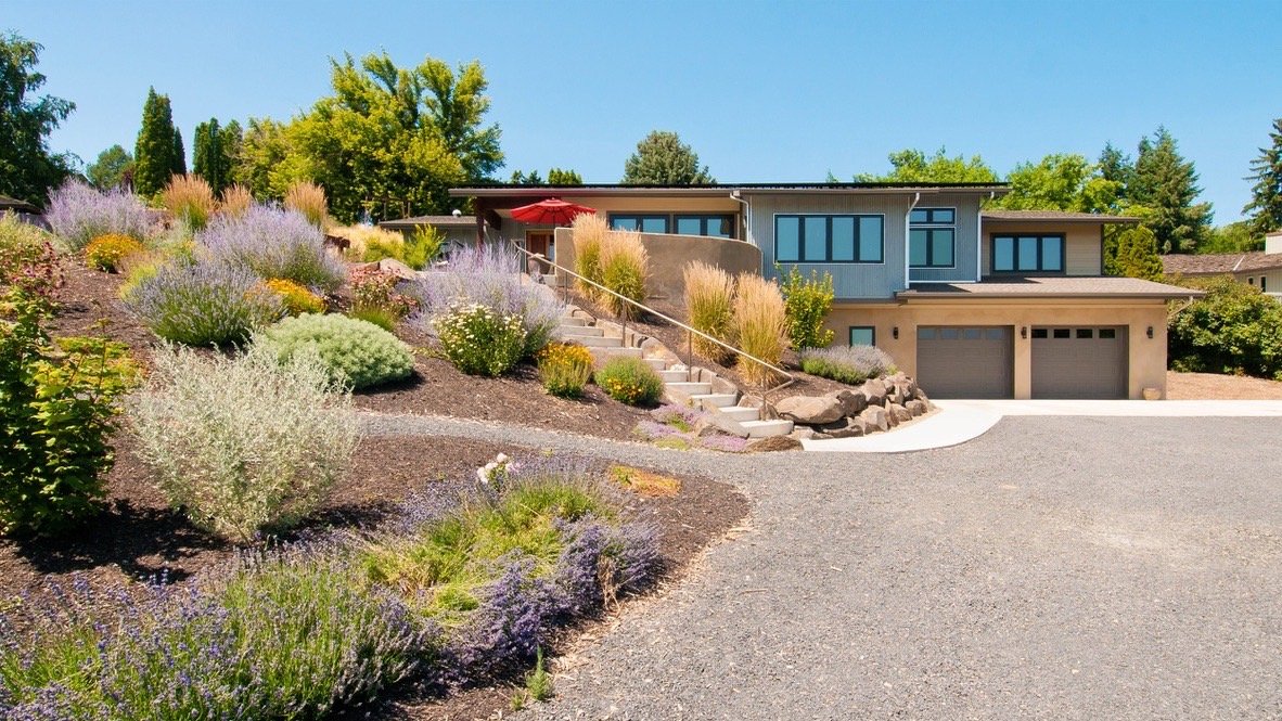 Natural timber frame home with lime plaster walls and wildflower meadow landscaping, Carmel California