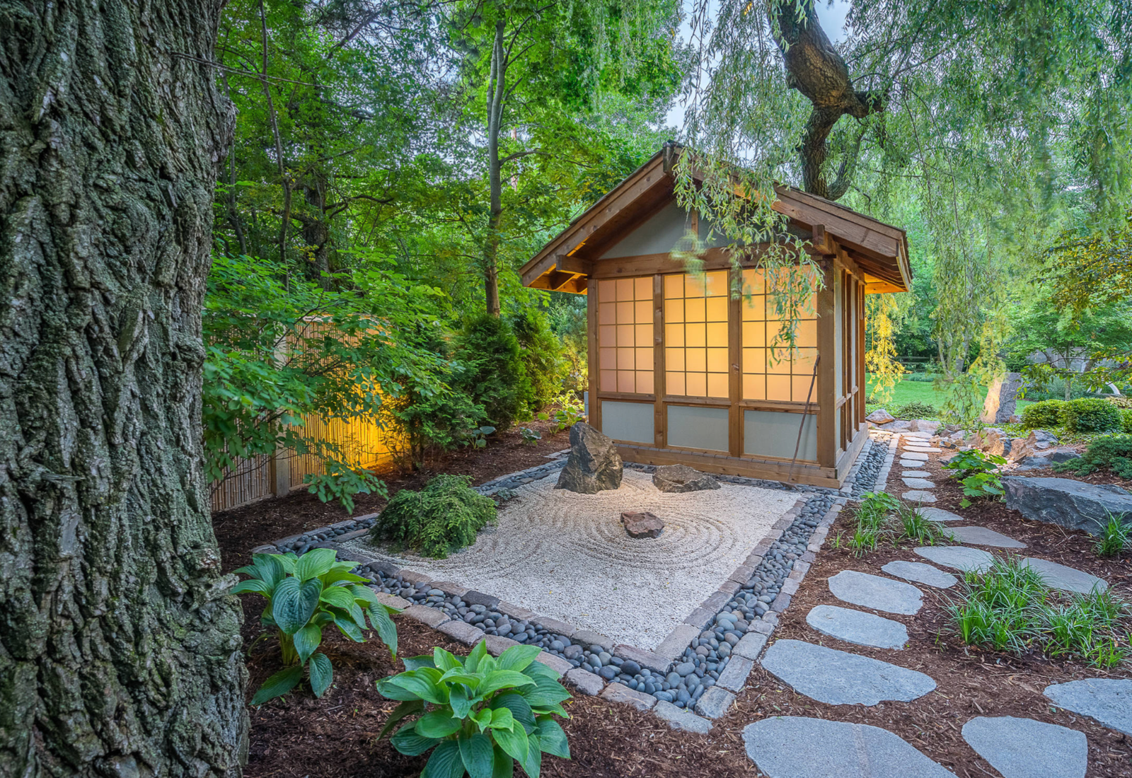 Japanese zen garden with tea house